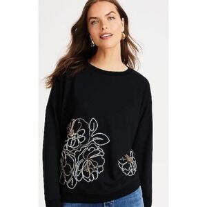 JJill Black Embroidered Floral Crewneck Sweatshirt Women's L